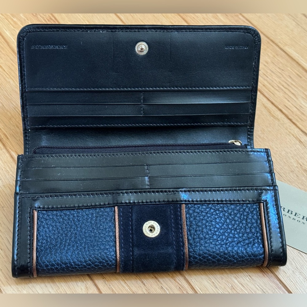 Burberry Prosum bronze Metallic Piping Navy Suade Leather Luxury Wallet VTG - Picture 6 of 16